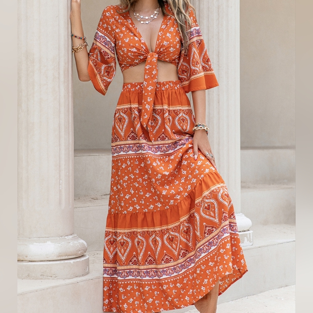 Orange Printed Two-Piece Skirt Set